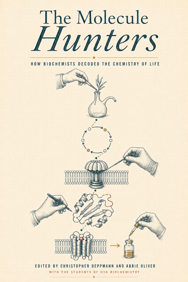 Cover of The Molecule Hunters: a willow tree and retort, a metabolic cycle, ATP synthase, and a folded protein threaded by a teal-and-ochre trail