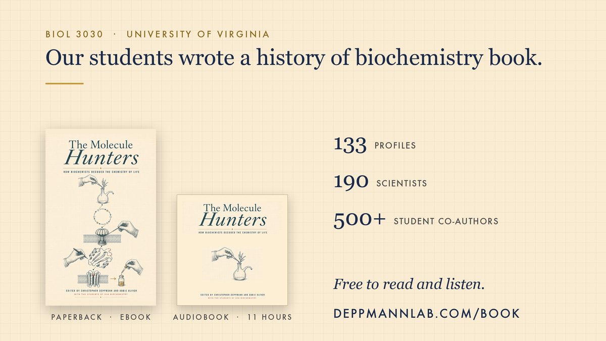 Announcement artwork under the headline “Our students wrote a history of biochemistry book.” The paperback and audiobook covers sit beside the figures 133 profiles, 190 scientists, and 500+ student co-authors.
